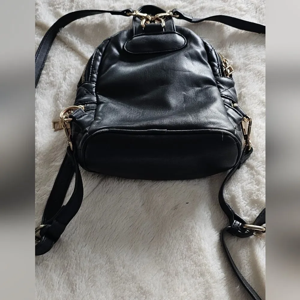 Bebe Black Faux Leather Quilted Gold Tone Hardware Zip Around Casual Backpack
